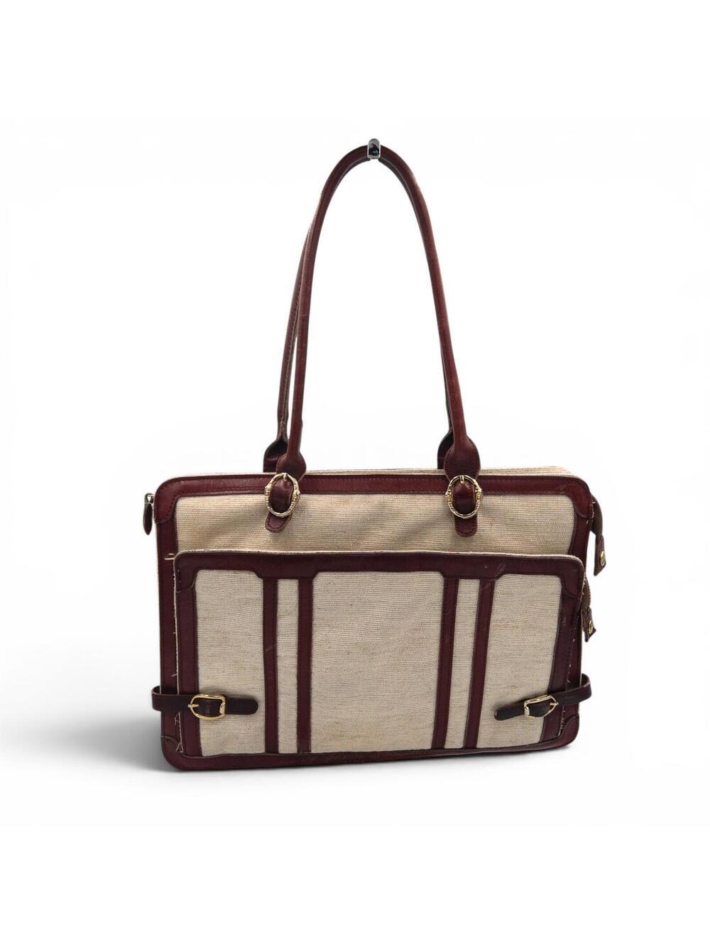 Vintage Canvas and Brown Leather Tote Bag with Multiple Compartments